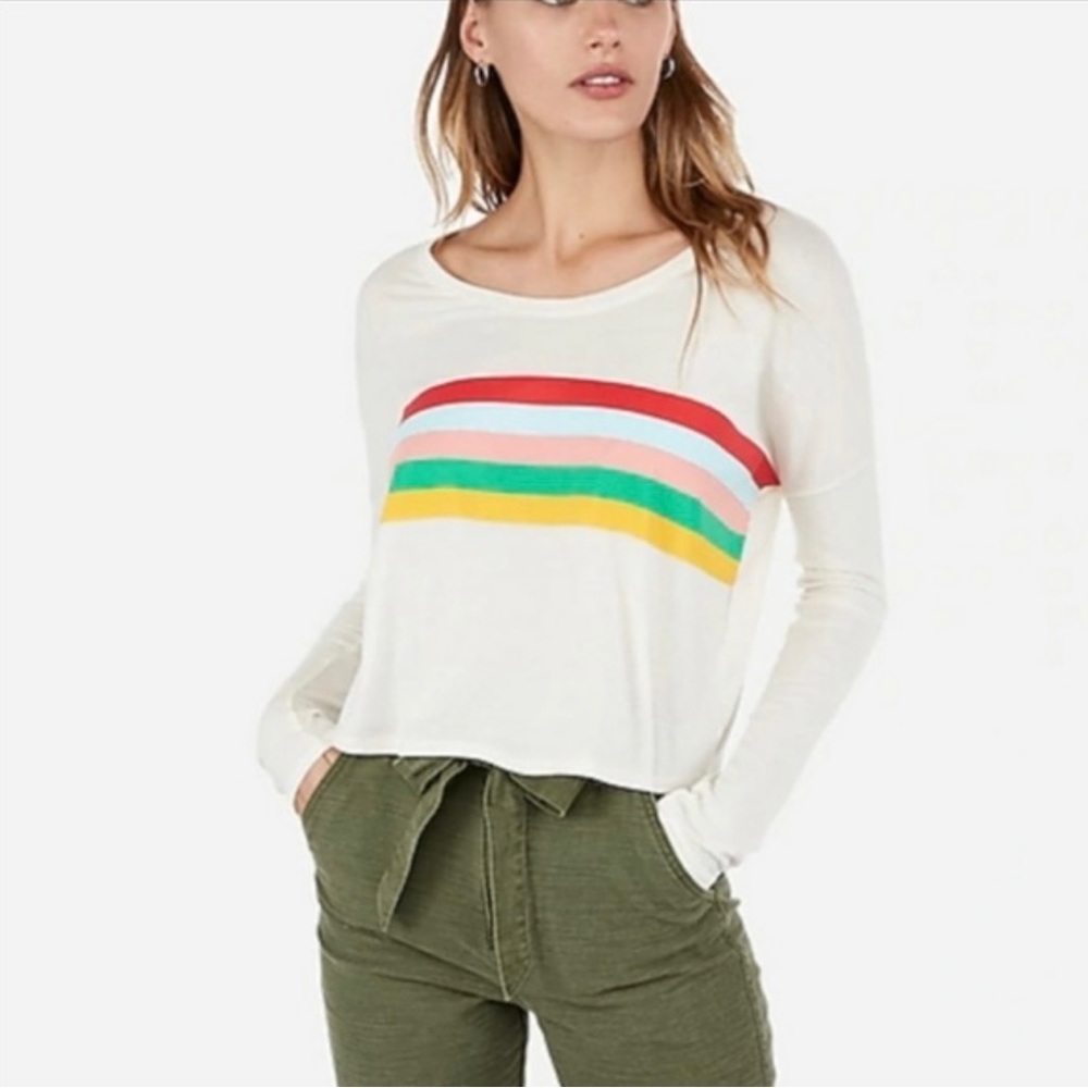 Express White Cropped Long Sleeve Top w/ Rainbow Stripes